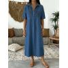 image:imagechouyatou Womens Distressed Button Up Denim Polo Shirt Dress Short Sleeve Casual Loose Pleated Jean Midi Long DressBlue