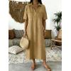 image:imagechouyatou Womens Distressed Button Up Denim Polo Shirt Dress Short Sleeve Casual Loose Pleated Jean Midi Long DressKhaki