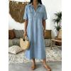 image:imagechouyatou Womens Distressed Button Up Denim Polo Shirt Dress Short Sleeve Casual Loose Pleated Jean Midi Long DressLight Blue