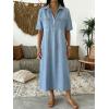 image:imagechouyatou Womens Distressed Button Up Denim Polo Shirt Dress Short Sleeve Casual Loose Pleated Jean Midi Long DressLight Blue