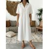 image:imagechouyatou Womens Distressed Button Up Denim Polo Shirt Dress Short Sleeve Casual Loose Pleated Jean Midi Long DressWhite