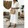 image:imagechouyatou Womens Distressed Button Up Denim Polo Shirt Dress Short Sleeve Casual Loose Pleated Jean Midi Long DressWhite
