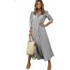 image:imagechouyatou Womens Summer 34 Sleeve Striped Maxi Long Shirt Dress Boho Ruffled Button Down Beach DressBlack