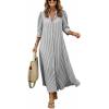 image:imagechouyatou Womens Summer 34 Sleeve Striped Maxi Long Shirt Dress Boho Ruffled Button Down Beach DressBlack