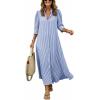 image:imagechouyatou Womens Summer 34 Sleeve Striped Maxi Long Shirt Dress Boho Ruffled Button Down Beach DressBlue