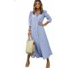 image:imagechouyatou Womens Summer 34 Sleeve Striped Maxi Long Shirt Dress Boho Ruffled Button Down Beach DressBlue