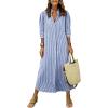 image:imagechouyatou Womens Summer 34 Sleeve Striped Maxi Long Shirt Dress Boho Ruffled Button Down Beach DressBlue