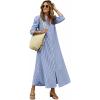 image:imagechouyatou Womens Summer 34 Sleeve Striped Maxi Long Shirt Dress Boho Ruffled Button Down Beach DressBlue