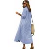 image:imagechouyatou Womens Summer 34 Sleeve Striped Maxi Long Shirt Dress Boho Ruffled Button Down Beach DressBlue