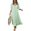image:imagechouyatou Womens Summer 34 Sleeve Striped Maxi Long Shirt Dress Boho Ruffled Button Down Beach DressGreen