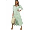 image:imagechouyatou Womens Summer 34 Sleeve Striped Maxi Long Shirt Dress Boho Ruffled Button Down Beach DressGreen