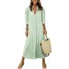 image:imagechouyatou Womens Summer 34 Sleeve Striped Maxi Long Shirt Dress Boho Ruffled Button Down Beach DressGreen