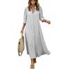 image:imagechouyatou Womens Summer 34 Sleeve Striped Maxi Long Shirt Dress Boho Ruffled Button Down Beach DressGrey