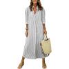 image:imagechouyatou Womens Summer 34 Sleeve Striped Maxi Long Shirt Dress Boho Ruffled Button Down Beach DressGrey
