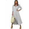 image:imagechouyatou Womens Summer 34 Sleeve Striped Maxi Long Shirt Dress Boho Ruffled Button Down Beach DressGrey