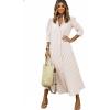 image:imagechouyatou Womens Summer 34 Sleeve Striped Maxi Long Shirt Dress Boho Ruffled Button Down Beach DressKhaki