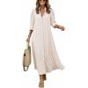 image:imagechouyatou Womens Summer 34 Sleeve Striped Maxi Long Shirt Dress Boho Ruffled Button Down Beach DressKhaki