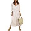 image:imagechouyatou Womens Summer 34 Sleeve Striped Maxi Long Shirt Dress Boho Ruffled Button Down Beach DressKhaki