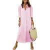 image:imagechouyatou Womens Summer 34 Sleeve Striped Maxi Long Shirt Dress Boho Ruffled Button Down Beach DressPink