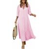 image:imagechouyatou Womens Summer 34 Sleeve Striped Maxi Long Shirt Dress Boho Ruffled Button Down Beach DressPink