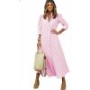 image:imagechouyatou Womens Summer 34 Sleeve Striped Maxi Long Shirt Dress Boho Ruffled Button Down Beach DressPink