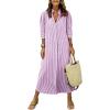 image:imagechouyatou Womens Summer 34 Sleeve Striped Maxi Long Shirt Dress Boho Ruffled Button Down Beach DressPurple
