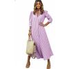 image:imagechouyatou Womens Summer 34 Sleeve Striped Maxi Long Shirt Dress Boho Ruffled Button Down Beach DressPurple
