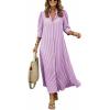 image:imagechouyatou Womens Summer 34 Sleeve Striped Maxi Long Shirt Dress Boho Ruffled Button Down Beach DressPurple