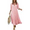 image:imagechouyatou Womens Summer 34 Sleeve Striped Maxi Long Shirt Dress Boho Ruffled Button Down Beach DressRed