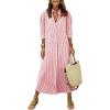 image:imagechouyatou Womens Summer 34 Sleeve Striped Maxi Long Shirt Dress Boho Ruffled Button Down Beach DressRed