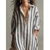 image:imagechouyatou Womens Summer Boho Striped Cotton Dress Long Sleeve Lapel Collar Beach Shirt Dress with PocketsDark Blue