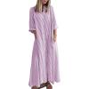 image:imagechouyatou Women 2026 Summer Boho Striped Maxi Shirt Dress 34 Sleeve Business Casual Button Down Long DressPurple