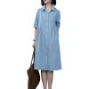 image:imagechouyatou Womens 12 Sleeve Polo Collar Denim Shirt Dress Button Down A Line Midi Jean Dress with PocketsLight Blue