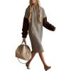 image:imagechouyatou Womens Color Block Pullover Sweatshirt Hoodie Dress Fuzzy Sherpa Long Sleeve Midi Long Dress with PocketKhaki