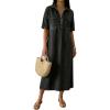 image:imagechouyatou Womens Distressed Button Up Denim Polo Shirt Dress Short Sleeve Casual Loose Pleated Jean Midi Long DressBlack