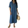 image:imagechouyatou Womens Distressed Button Up Denim Polo Shirt Dress Short Sleeve Casual Loose Pleated Jean Midi Long DressBlue