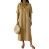 image:imagechouyatou Womens Distressed Button Up Denim Polo Shirt Dress Short Sleeve Casual Loose Pleated Jean Midi Long DressKhaki