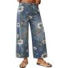 image:imagechouyatou Womens Floral Print Mid Rise Cropped Jeans Wide Leg Baggy Boho Ankle Denim Pants with PocketsBlue