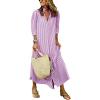 image:imagechouyatou Womens Summer 34 Sleeve Striped Maxi Long Shirt Dress Boho Ruffled Button Down Beach DressPurple