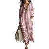 image:imagechouyatou Womens Summer Boho Striped Cotton Dress Long Sleeve Lapel Collar Beach Shirt Dress with PocketsPink