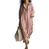 image:imagechouyatou Womens Summer Boho Striped Cotton Dress Long Sleeve Lapel Collar Beach Shirt Dress with PocketsRed