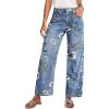 image:imagechouyatou Womens Vintage Floral Printed Barrel Jeans Y2k Boyfriend Wide Leg Denim Pants with PocketsBlue