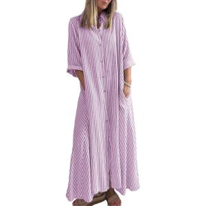 image:imagechouyatou Women 2026 Summer Boho Striped Maxi Shirt Dress 34 Sleeve Business Casual Button Down Long DressPurple
