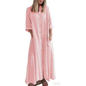 image:imagechouyatou Women 2026 Summer Boho Striped Maxi Shirt Dress 34 Sleeve Business Casual Button Down Long DressRed