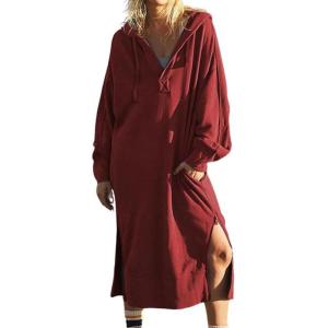 image:imagechouyatou Womens Casual Hooded Sweatshirt Dress Loose Oversized Long Sleeve Hoodie Tunic Dress with PocketsRed