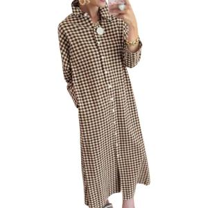 image:imagechouyatou Womens Casual Loose Button Down Plaid Shirt Dress Long Sleeve Side Slit Cotton Gingham Maxi DressCoffee
