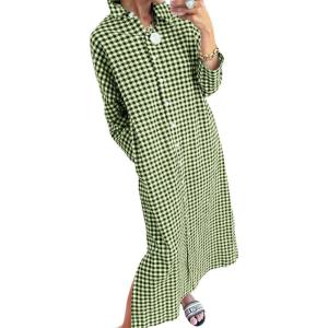 image:imagechouyatou Womens Casual Loose Button Down Plaid Shirt Dress Long Sleeve Side Slit Cotton Gingham Maxi DressGreen