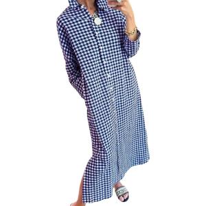 image:imagechouyatou Womens Casual Loose Button Down Plaid Shirt Dress Long Sleeve Side Slit Cotton Gingham Maxi DressNavy