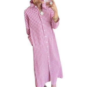 image:imagechouyatou Womens Casual Loose Button Down Plaid Shirt Dress Long Sleeve Side Slit Cotton Gingham Maxi DressPink