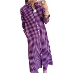 image:imagechouyatou Womens Casual Loose Button Down Plaid Shirt Dress Long Sleeve Side Slit Cotton Gingham Maxi DressPurple